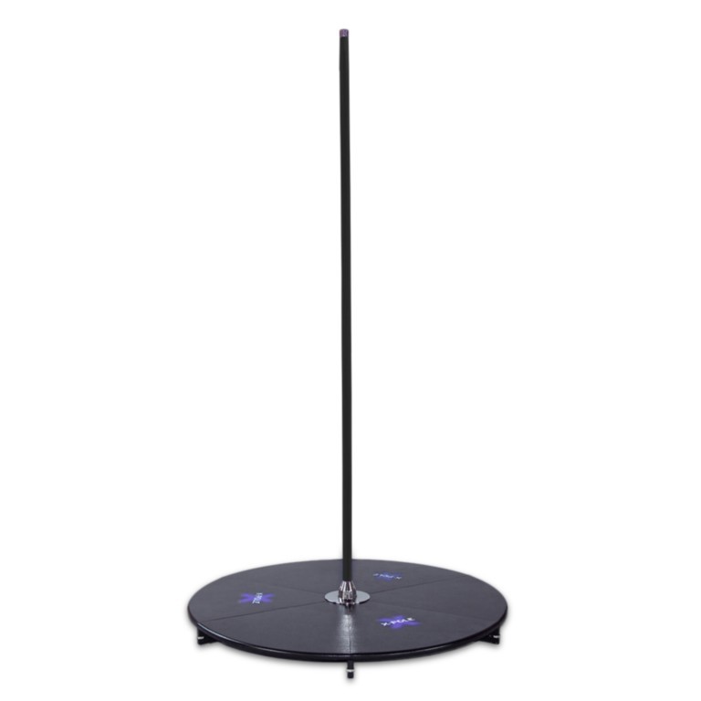 Podium de Pole Dance XPOLE X-STAGE Lite Powder Coated Noir autoportant avec barre statique et spinning, plateforme basse de 11 cm et sacs de transport inclus.