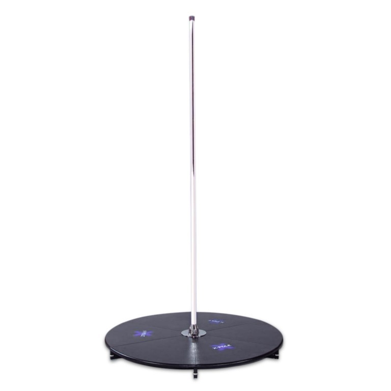 Podium de Pole Dance XPOLE X-STAGE Lite Stainless Steel autoportant avec barre statique et spinning, plateforme basse de 11 cm et sacs de transport inclus.