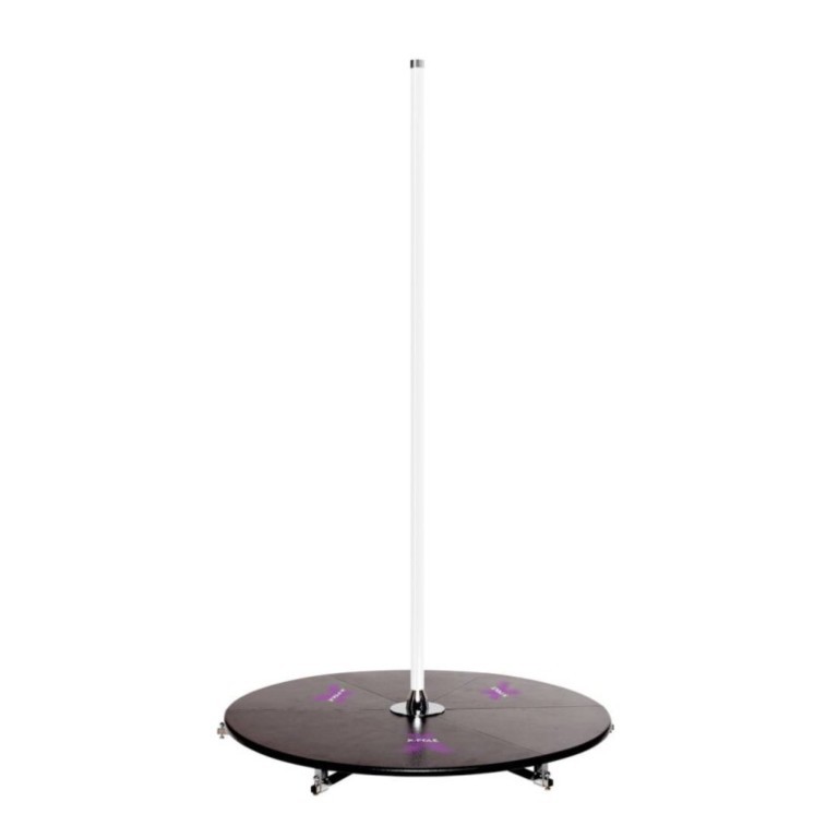 Podium de Pole Dance XPOLE X-STAGE Lite Powder Coated Blanc autoportant avec barre statique et spinning, plateforme basse de 11 cm et sacs de transport inclus.